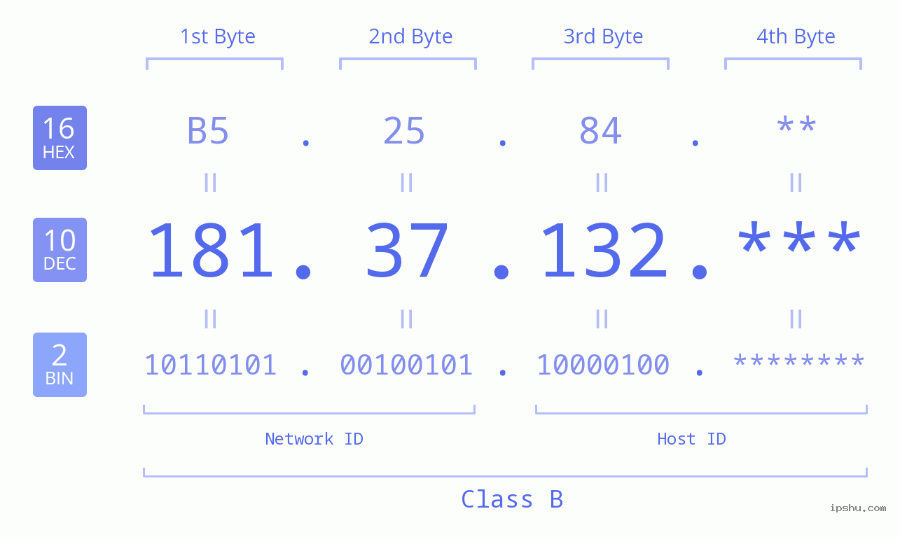 IP Address: 181.37.132 Data Structure Chart BIN DEC HEX IPv4: 181.37.132 Network Class, Net ID, Host ID