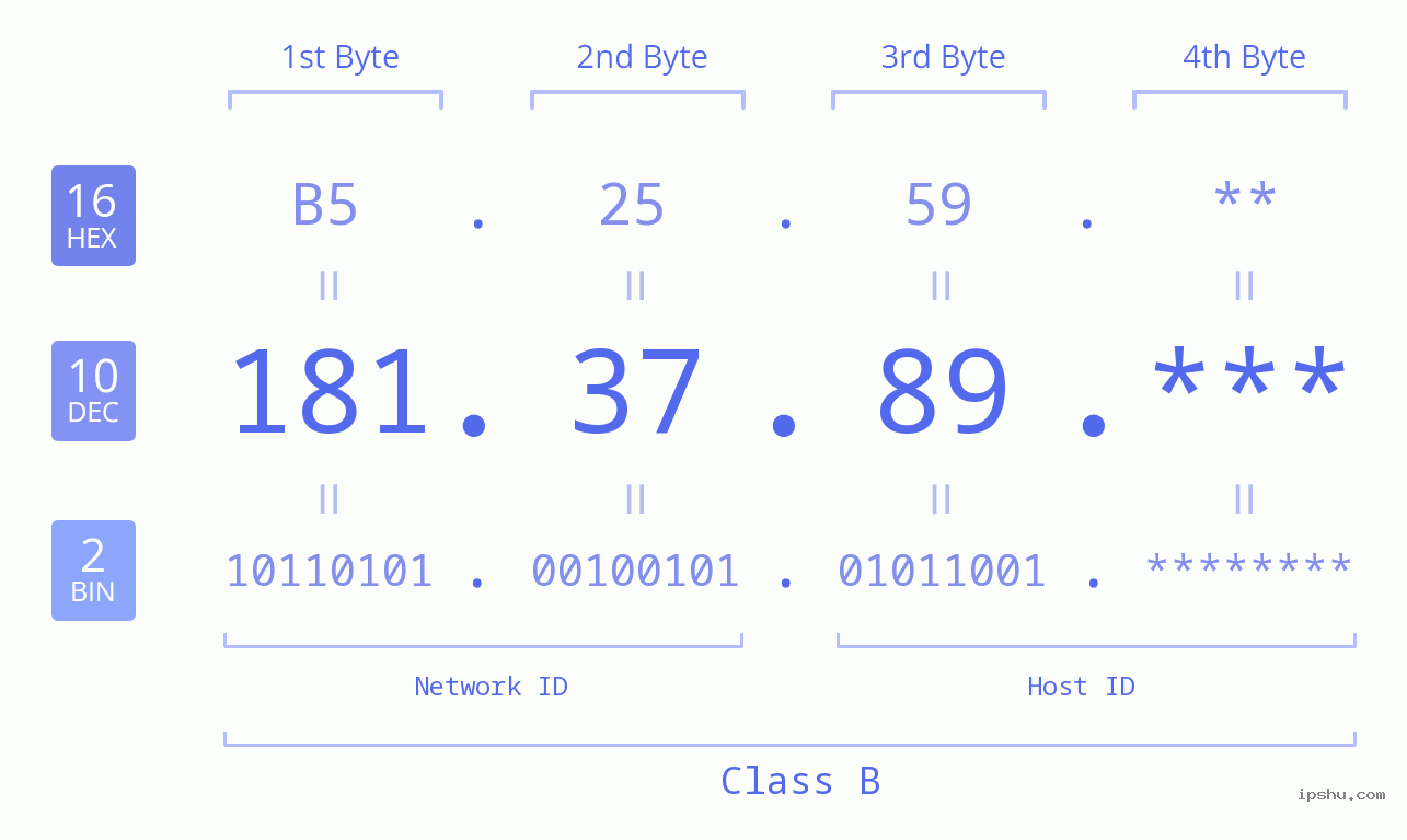 IP Address: 181.37.89 Data Structure Chart BIN DEC HEX IPv4: 181.37.89 Network Class, Net ID, Host ID