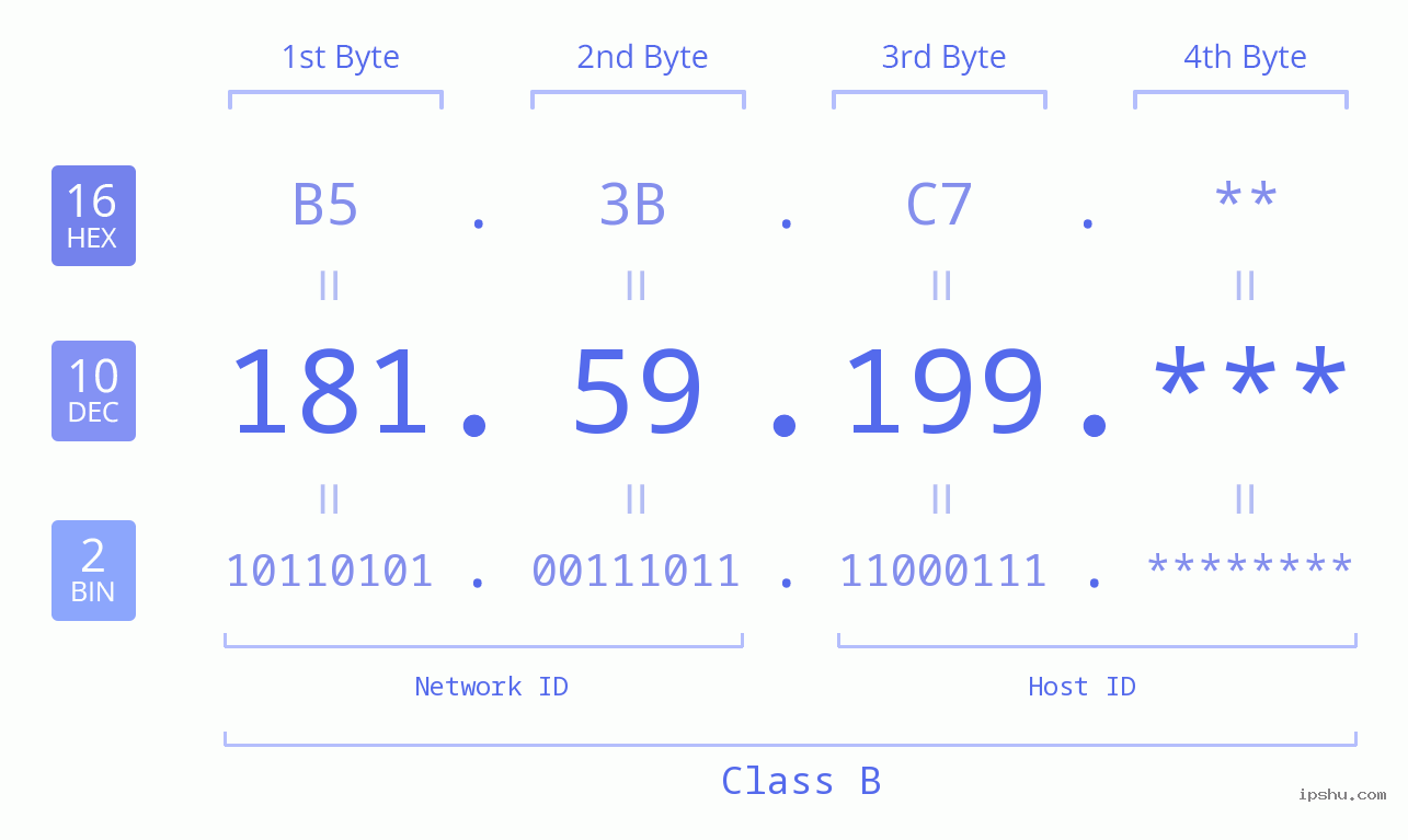IP Address: 181.59.199 Data Structure Chart BIN DEC HEX IPv4: 181.59.199 Network Class, Net ID, Host ID