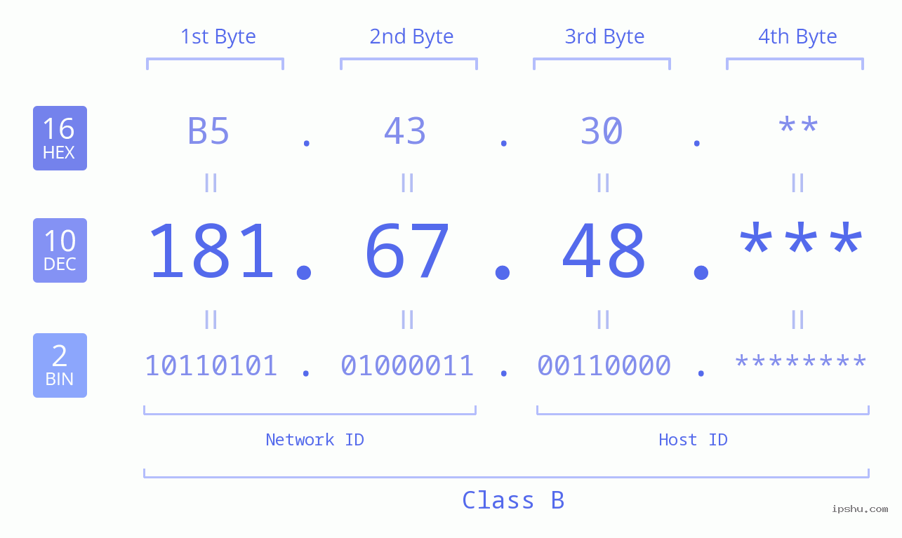 IP Address: 181.67.48 Data Structure Chart BIN DEC HEX IPv4: 181.67.48 Network Class, Net ID, Host ID
