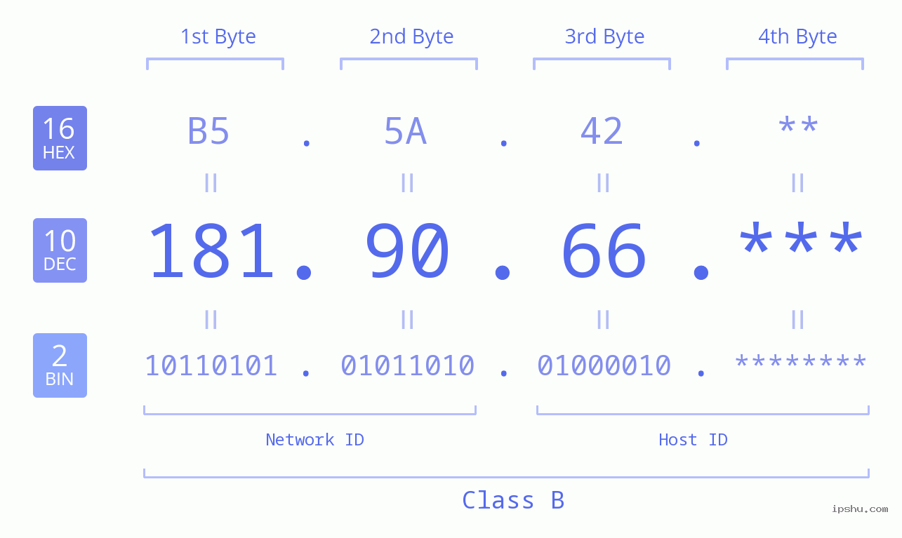 IP Address: 181.90.66 Data Structure Chart BIN DEC HEX IPv4: 181.90.66 Network Class, Net ID, Host ID
