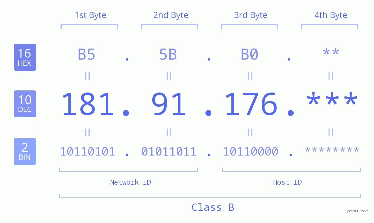 IP Address: 181.91.176 Data Structure Chart BIN DEC HEX IPv4: 181.91.176 Network Class, Net ID, Host ID