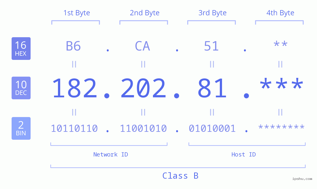 IP Address: 182.202.81 Data Structure Chart BIN DEC HEX IPv4: 182.202.81 Network Class, Net ID, Host ID