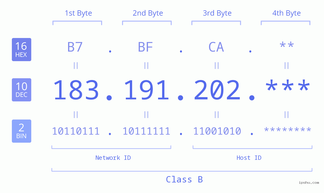 IP Address: 183.191.202 Data Structure Chart BIN DEC HEX IPv4: 183.191.202 Network Class, Net ID, Host ID