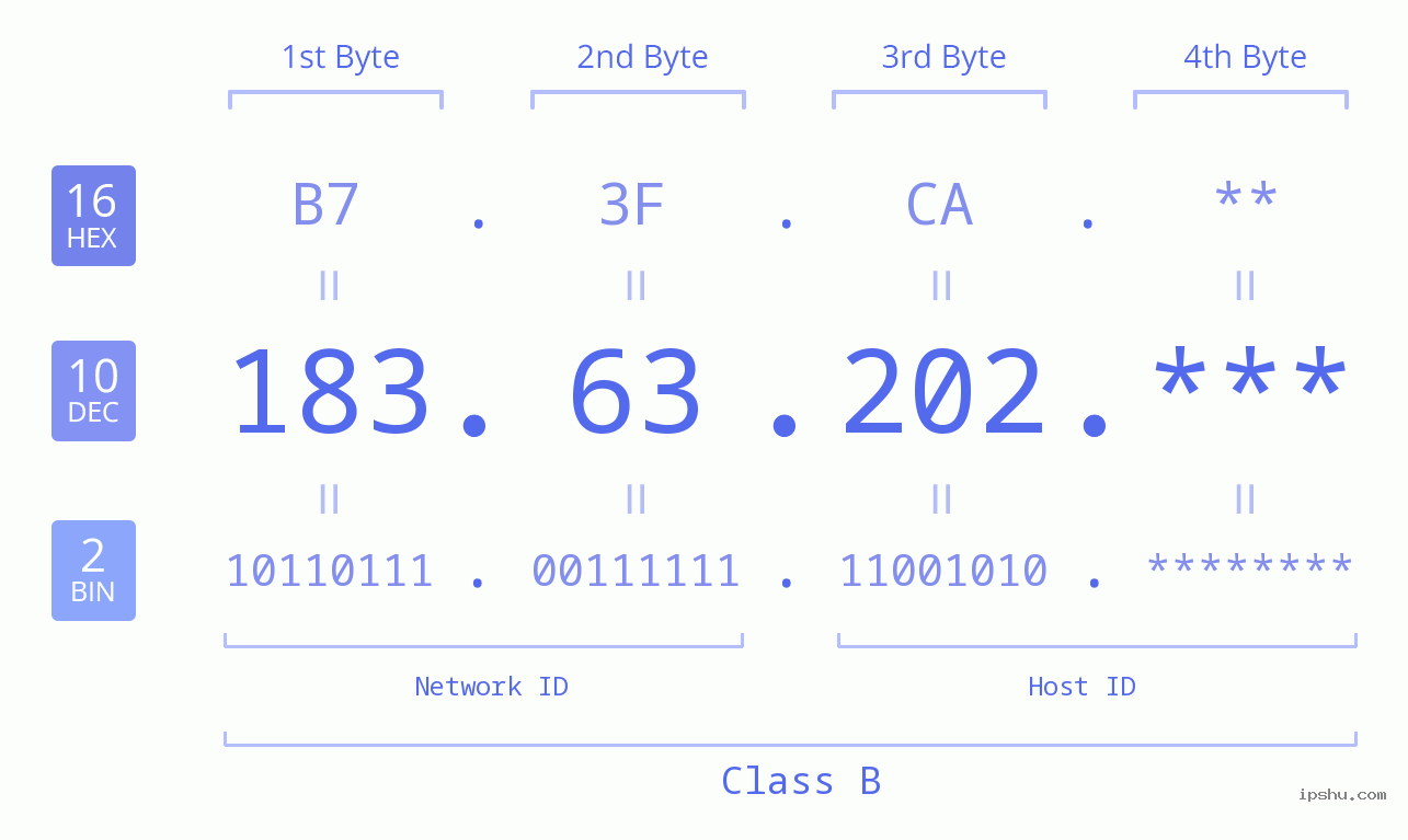 IP Address: 183.63.202 Data Structure Chart BIN DEC HEX IPv4: 183.63.202 Network Class, Net ID, Host ID