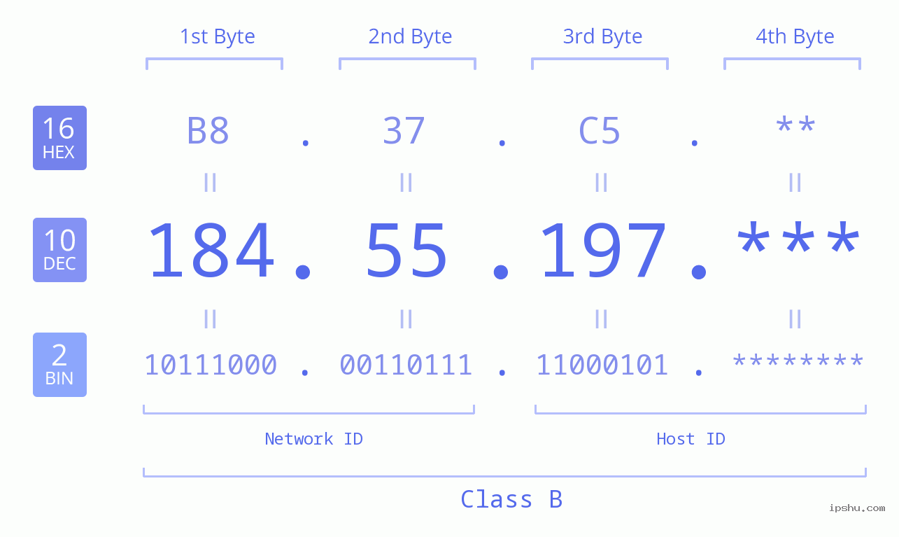 IP Address: 184.55.197 Data Structure Chart BIN DEC HEX IPv4: 184.55.197 Network Class, Net ID, Host ID