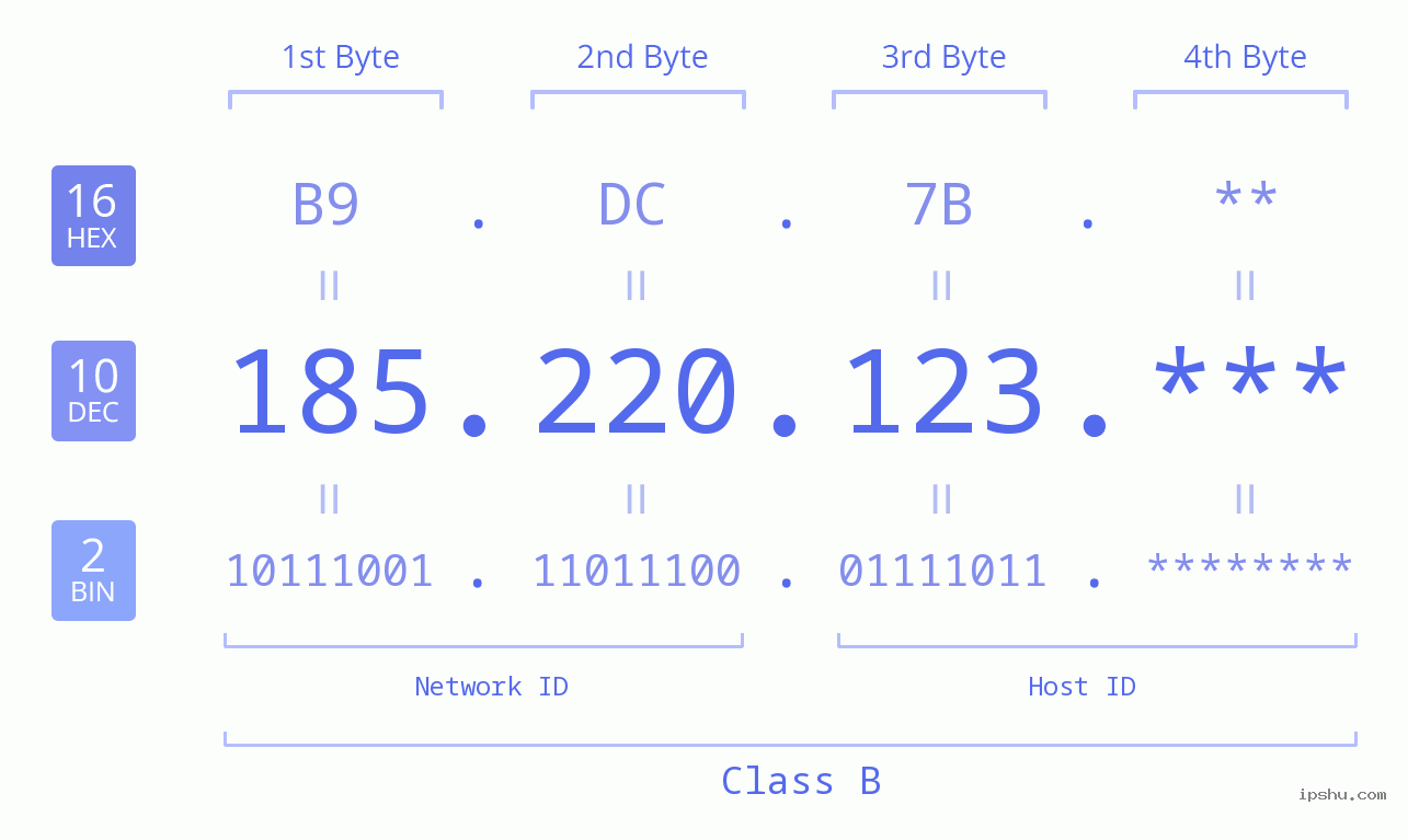 IP Address: 185.220.123 Data Structure Chart BIN DEC HEX IPv4: 185.220.123 Network Class, Net ID, Host ID