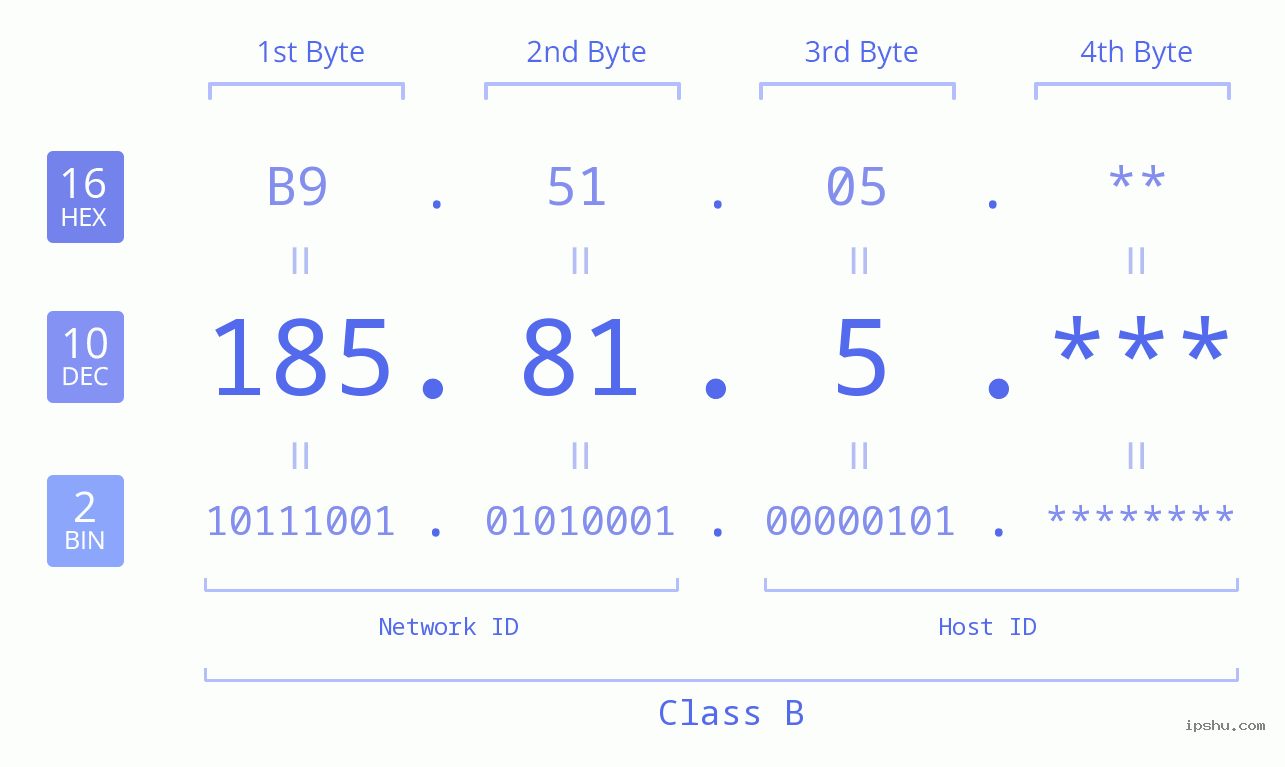 IP Address: 185.81.5 Data Structure Chart BIN DEC HEX IPv4: 185.81.5 Network Class, Net ID, Host ID
