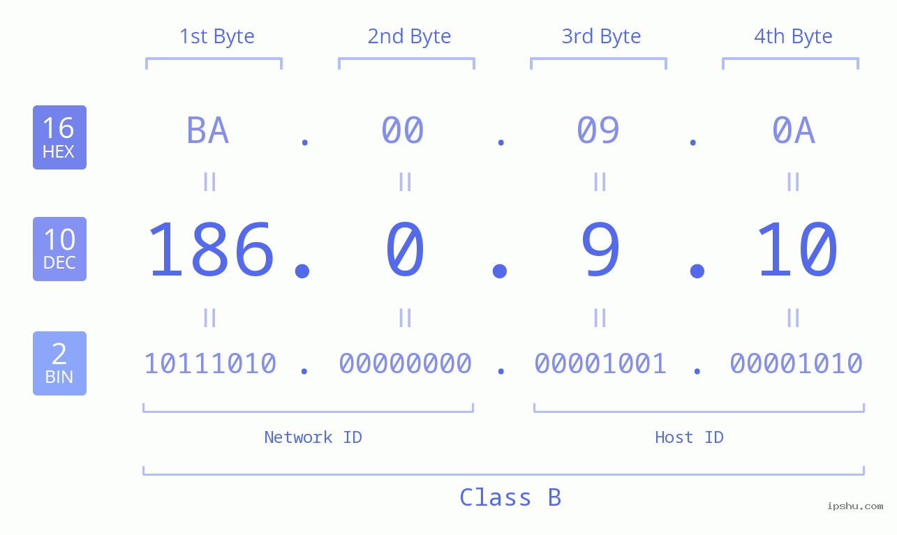 IP Address: 186.0.9.10 Data Structure Chart BIN DEC HEX IPv4: 186.0.9.10 Network Class, Net ID, Host ID