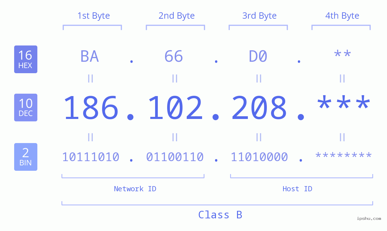 IP Address: 186.102.208 Data Structure Chart BIN DEC HEX IPv4: 186.102.208 Network Class, Net ID, Host ID