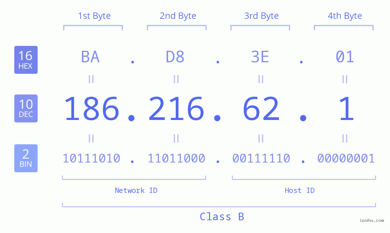 IP Address: 186.216.62.1 Data Structure Chart BIN DEC HEX IPv4: 186.216.62.1 Network Class, Net ID, Host ID