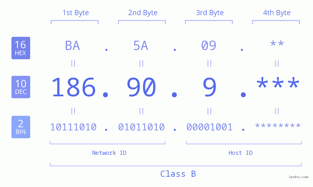IP Address: 186.90.9 Data Structure Chart BIN DEC HEX IPv4: 186.90.9 Network Class, Net ID, Host ID