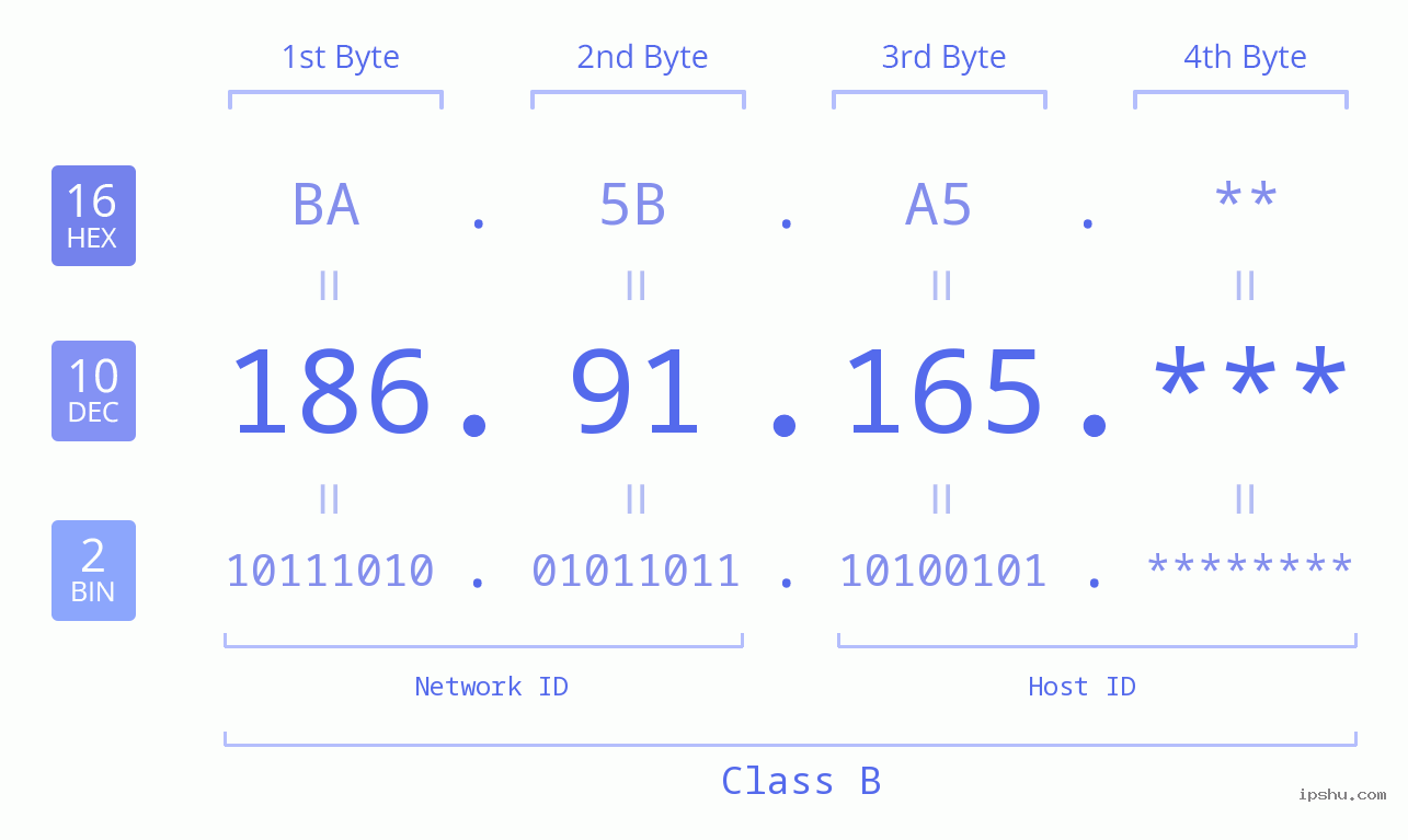 IP Address: 186.91.165 Data Structure Chart BIN DEC HEX IPv4: 186.91.165 Network Class, Net ID, Host ID
