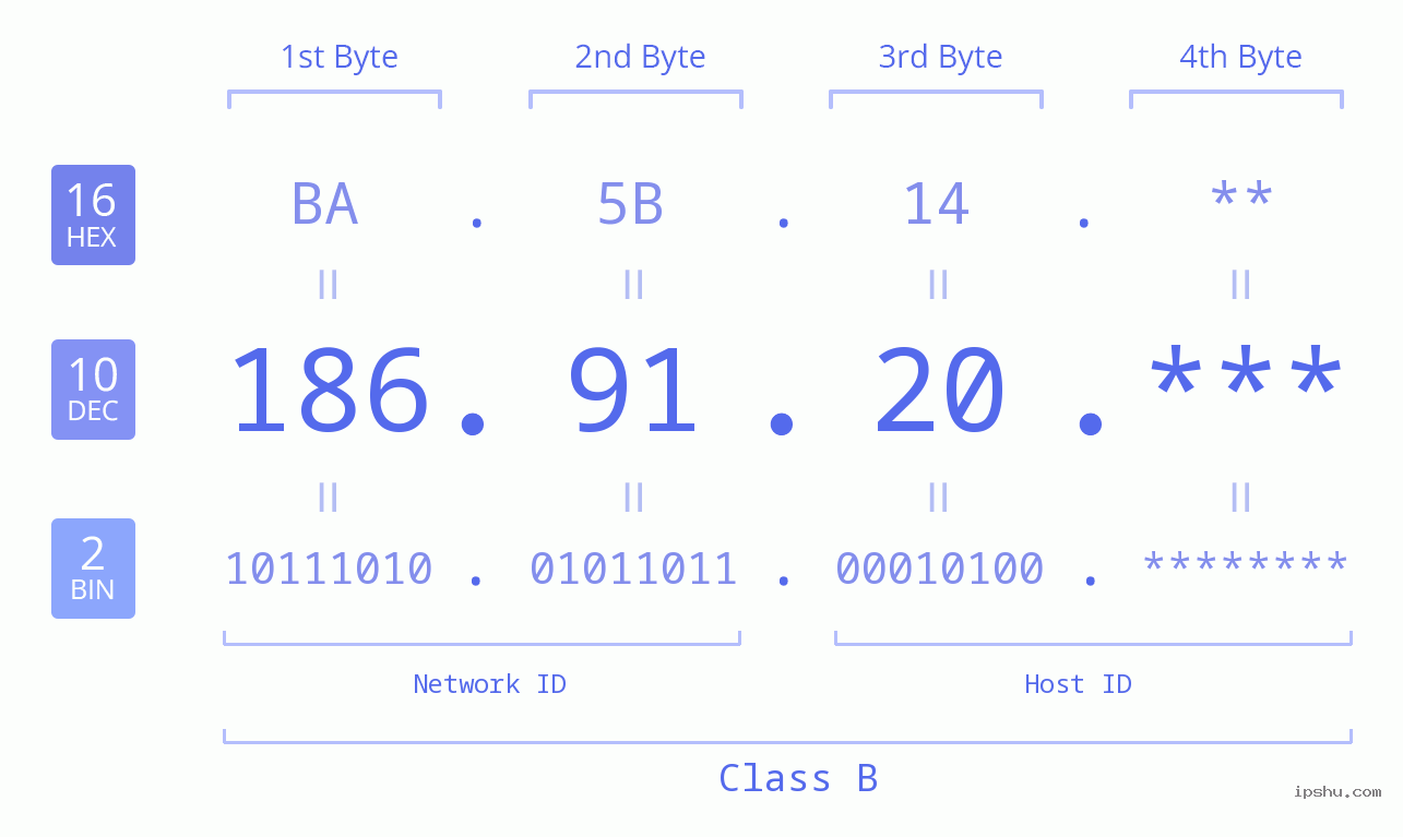 IP Address: 186.91.20 Data Structure Chart BIN DEC HEX IPv4: 186.91.20 Network Class, Net ID, Host ID