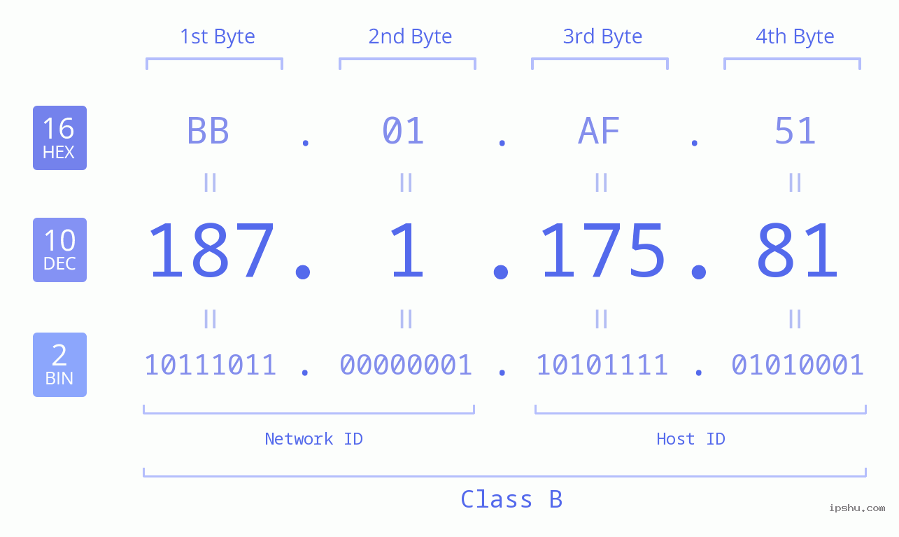 IP Address: 187.1.175.81 Data Structure Chart BIN DEC HEX IPv4: 187.1.175.81 Network Class, Net ID, Host ID