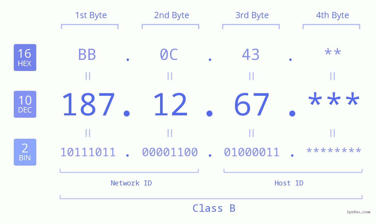 IP Address: 187.12.67 Data Structure Chart BIN DEC HEX IPv4: 187.12.67 Network Class, Net ID, Host ID