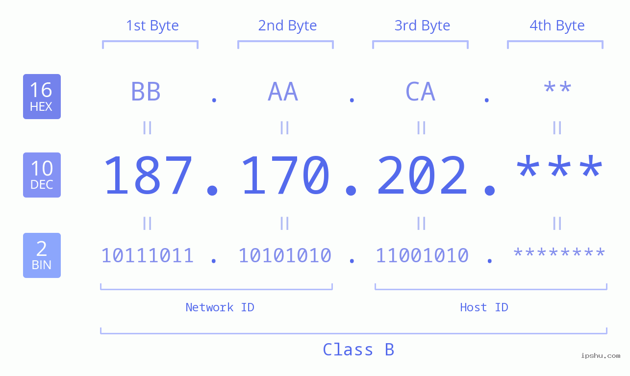 IP Address: 187.170.202 Data Structure Chart BIN DEC HEX IPv4: 187.170.202 Network Class, Net ID, Host ID