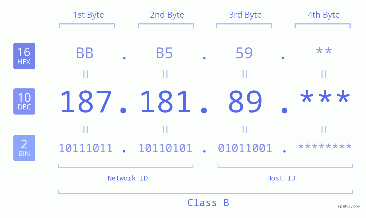 IP Address: 187.181.89 Data Structure Chart BIN DEC HEX IPv4: 187.181.89 Network Class, Net ID, Host ID