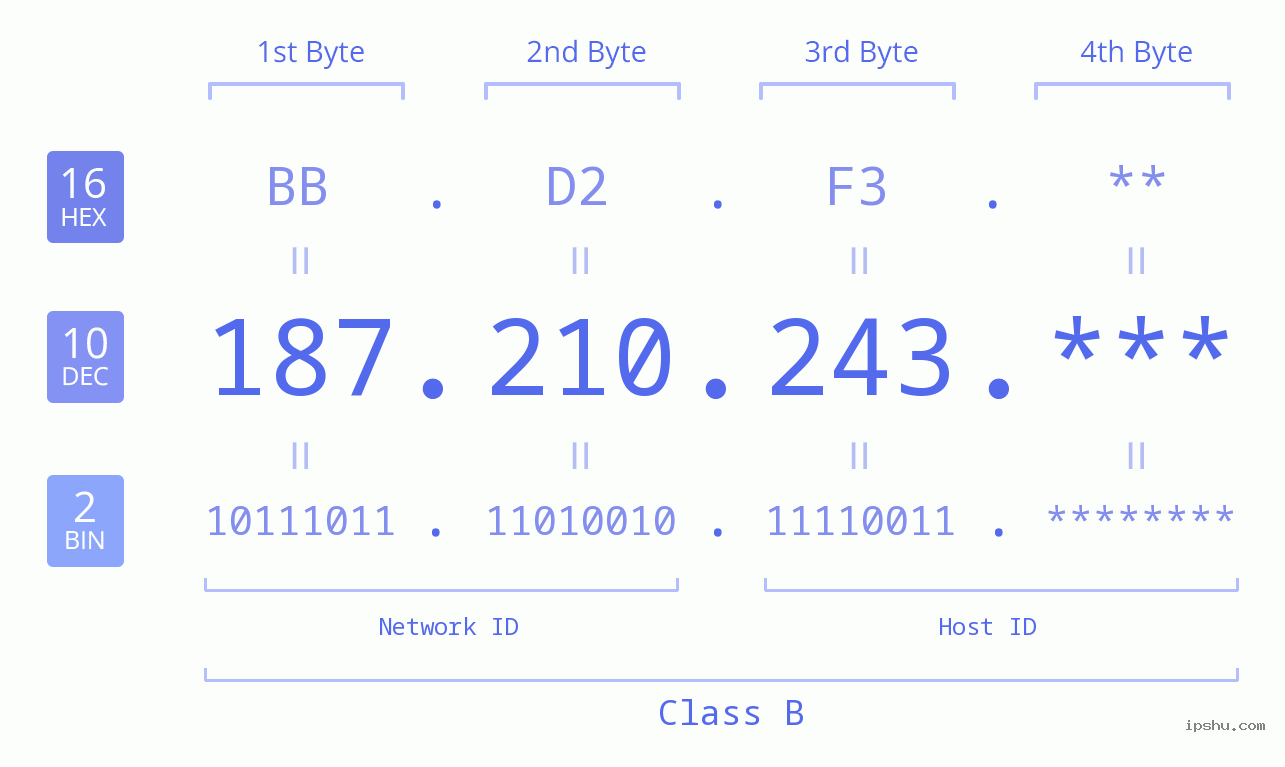 IP Address: 187.210.243 Data Structure Chart BIN DEC HEX IPv4: 187.210.243 Network Class, Net ID, Host ID