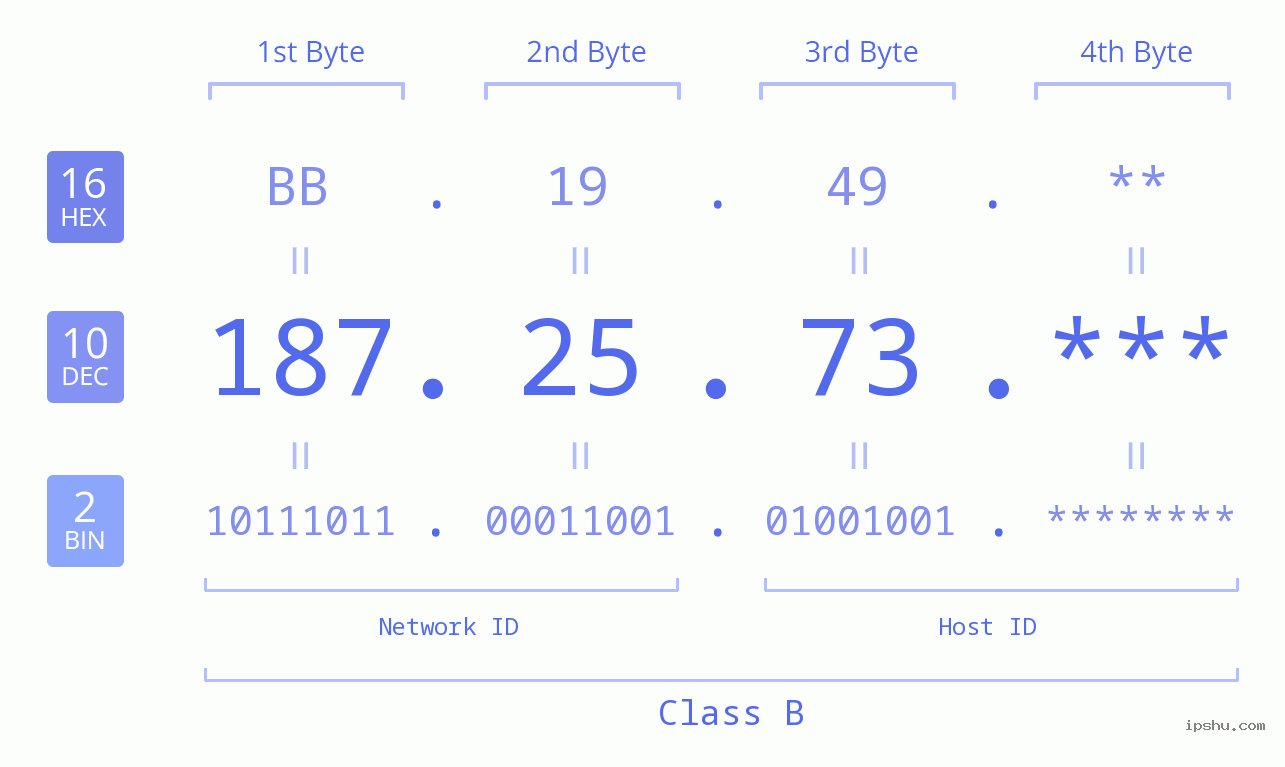 IP Address: 187.25.73 Data Structure Chart BIN DEC HEX IPv4: 187.25.73 Network Class, Net ID, Host ID