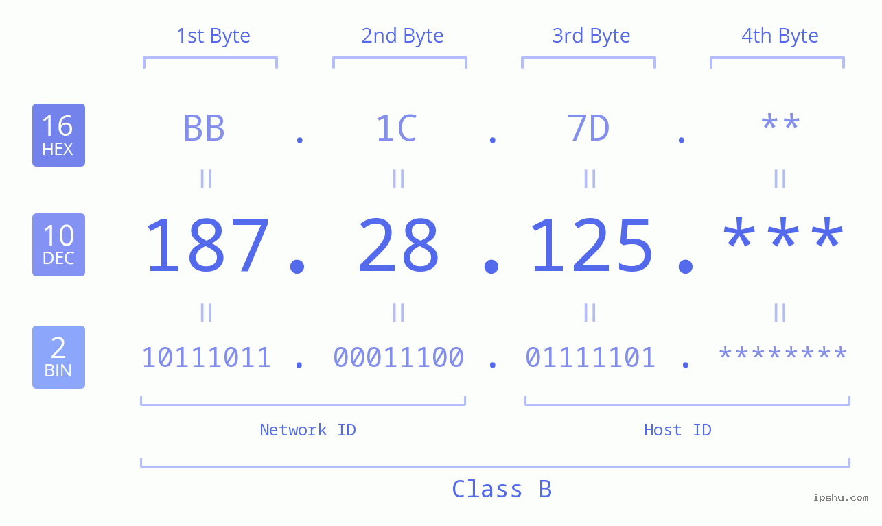 IP Address: 187.28.125 Data Structure Chart BIN DEC HEX IPv4: 187.28.125 Network Class, Net ID, Host ID