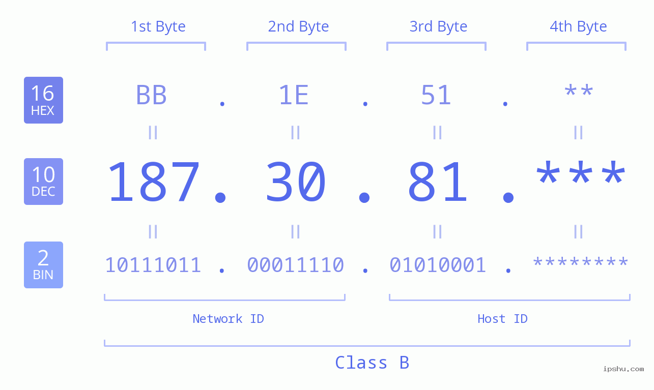 IP Address: 187.30.81 Data Structure Chart BIN DEC HEX IPv4: 187.30.81 Network Class, Net ID, Host ID