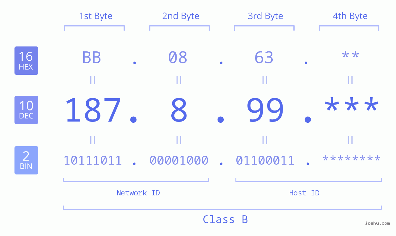 IP Address: 187.8.99 Data Structure Chart BIN DEC HEX IPv4: 187.8.99 Network Class, Net ID, Host ID