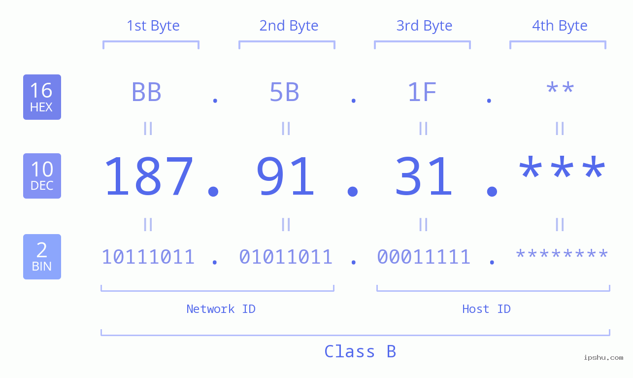 IP Address: 187.91.31 Data Structure Chart BIN DEC HEX IPv4: 187.91.31 Network Class, Net ID, Host ID
