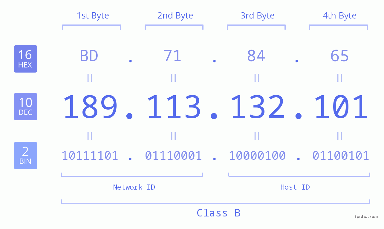 IP Address: 189.113.132.101 Data Structure Chart BIN DEC HEX IPv4: 189.113.132.101 Network Class, Net ID, Host ID