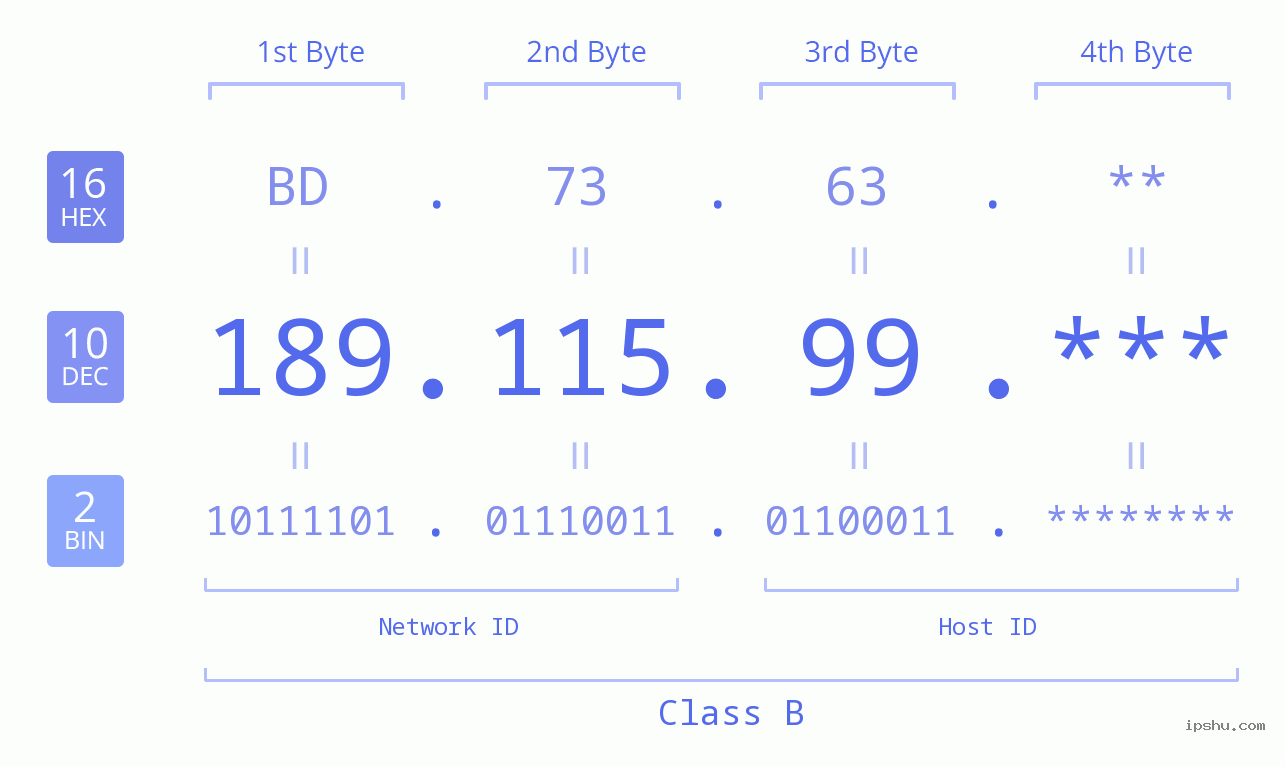 IP Address: 189.115.99 Data Structure Chart BIN DEC HEX IPv4: 189.115.99 Network Class, Net ID, Host ID