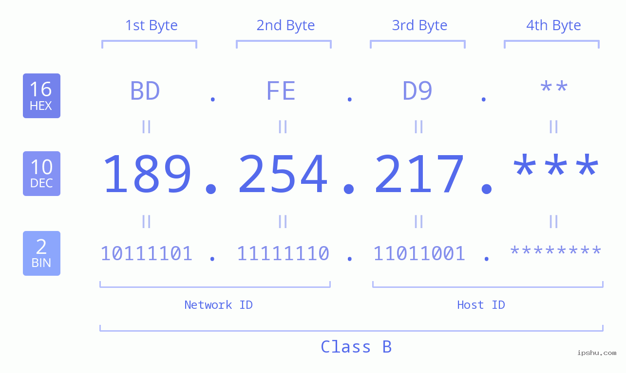 IP Address: 189.254.217 Data Structure Chart BIN DEC HEX IPv4: 189.254.217 Network Class, Net ID, Host ID