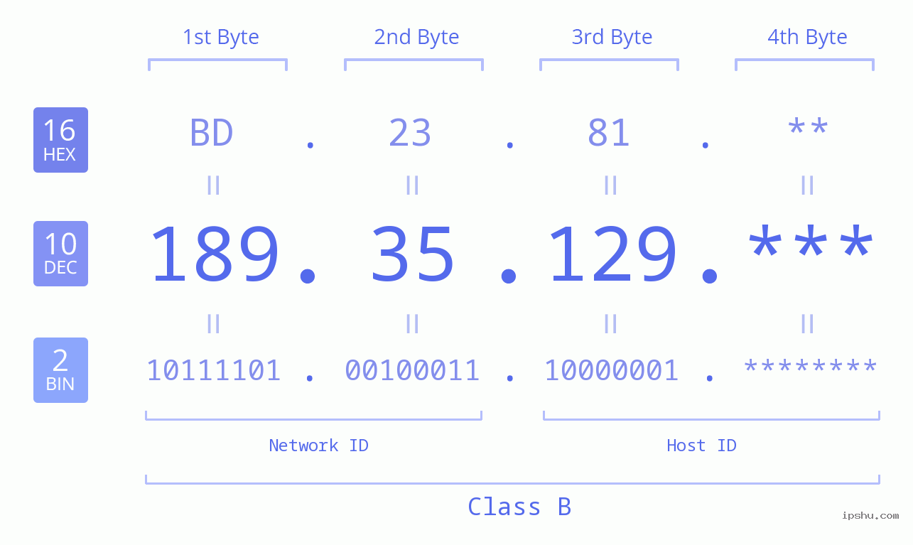 IP Address: 189.35.129 Data Structure Chart BIN DEC HEX IPv4: 189.35.129 Network Class, Net ID, Host ID