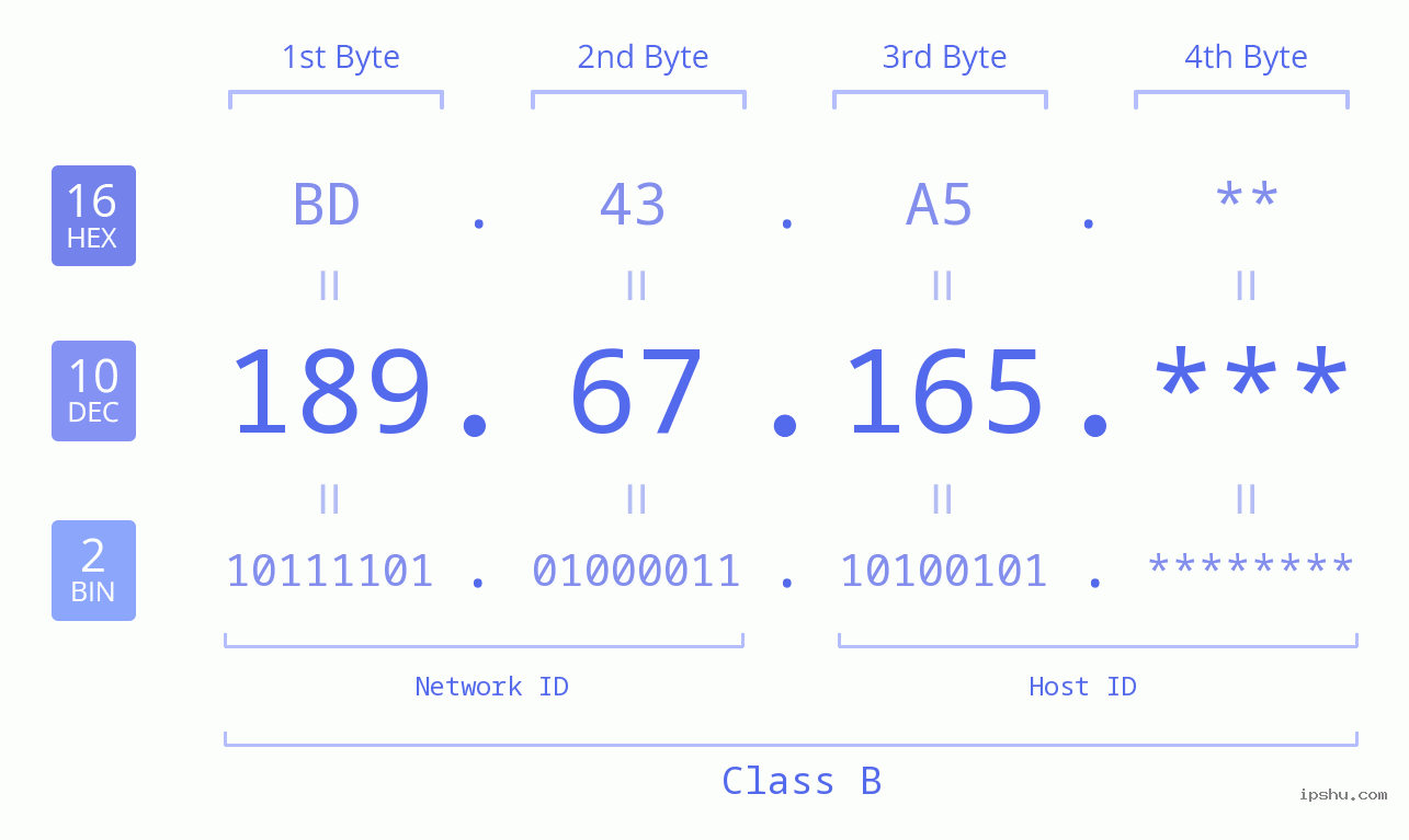 IP Address: 189.67.165 Data Structure Chart BIN DEC HEX IPv4: 189.67.165 Network Class, Net ID, Host ID