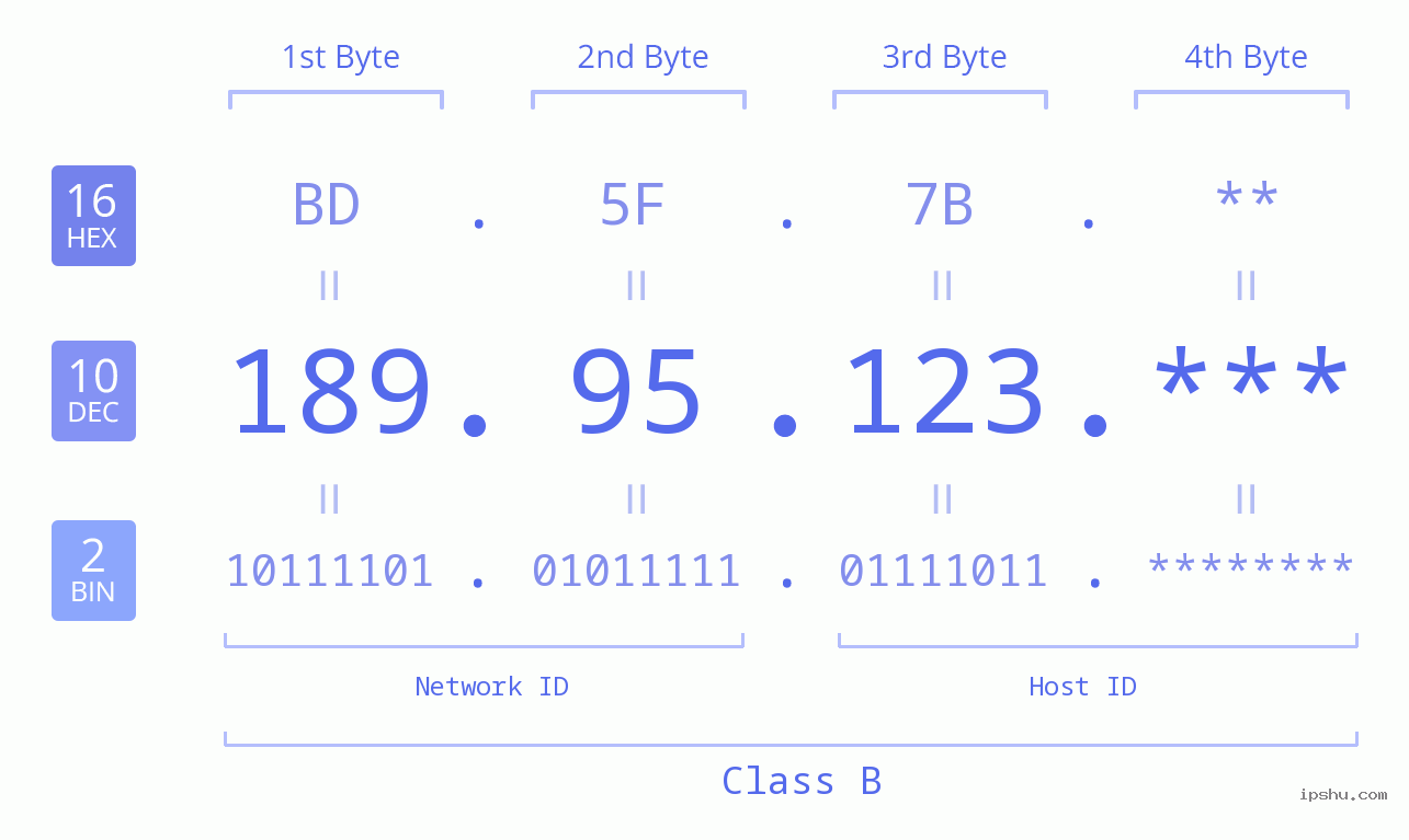 IP Address: 189.95.123 Data Structure Chart BIN DEC HEX IPv4: 189.95.123 Network Class, Net ID, Host ID