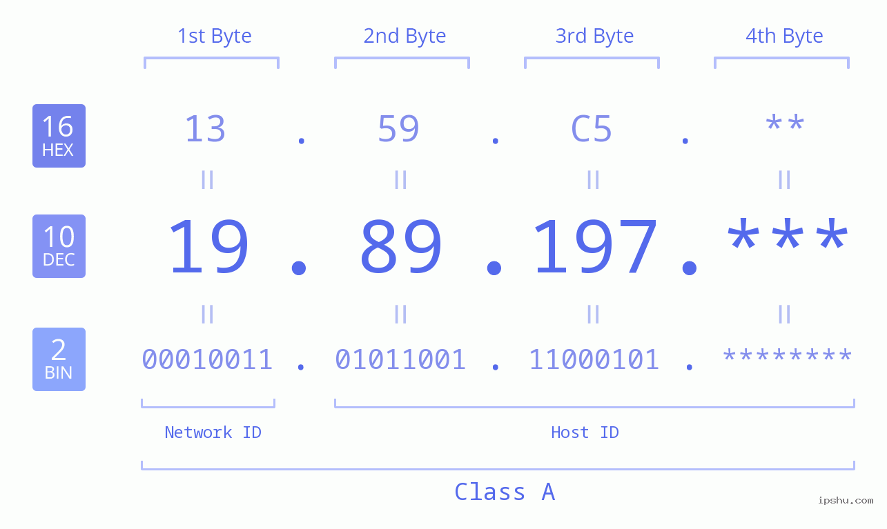 IP Address: 19.89.197 Data Structure Chart BIN DEC HEX IPv4: 19.89.197 Network Class, Net ID, Host ID