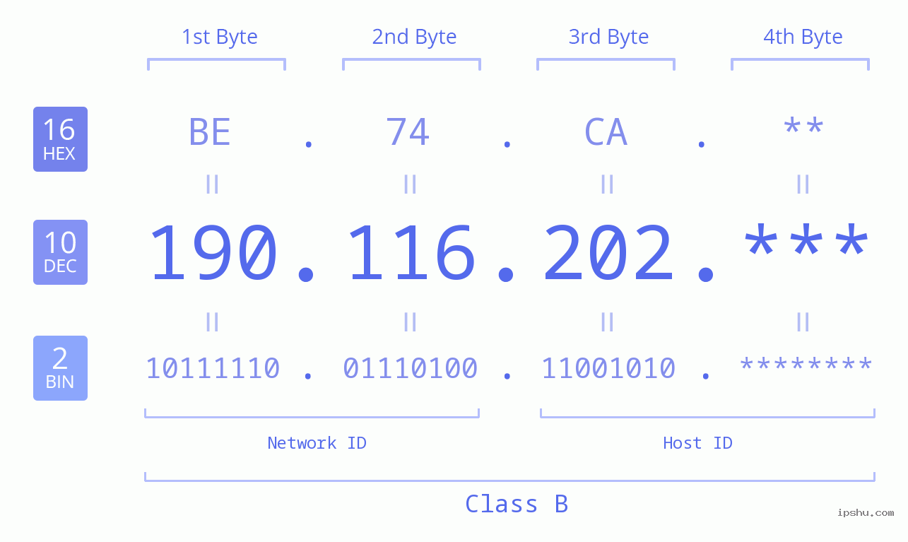 IP Address: 190.116.202 Data Structure Chart BIN DEC HEX IPv4: 190.116.202 Network Class, Net ID, Host ID