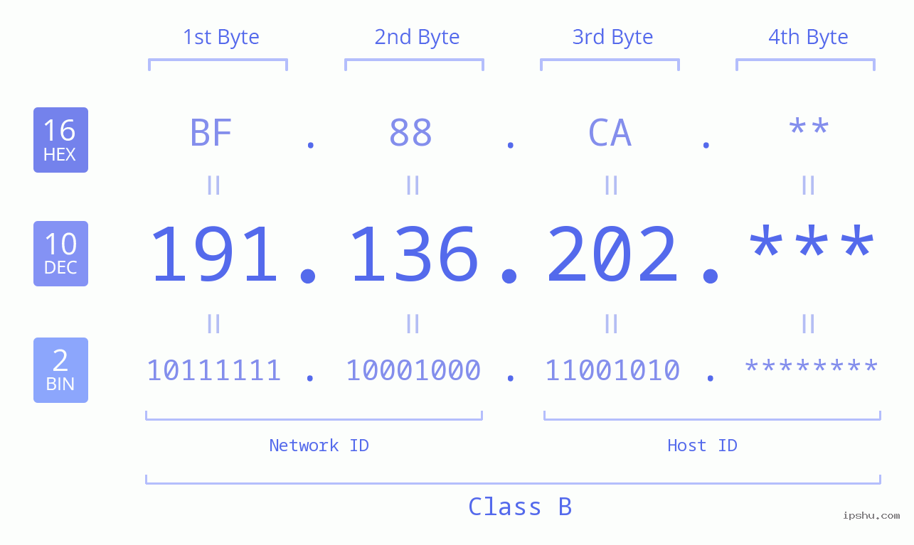 IP Address: 191.136.202 Data Structure Chart BIN DEC HEX IPv4: 191.136.202 Network Class, Net ID, Host ID