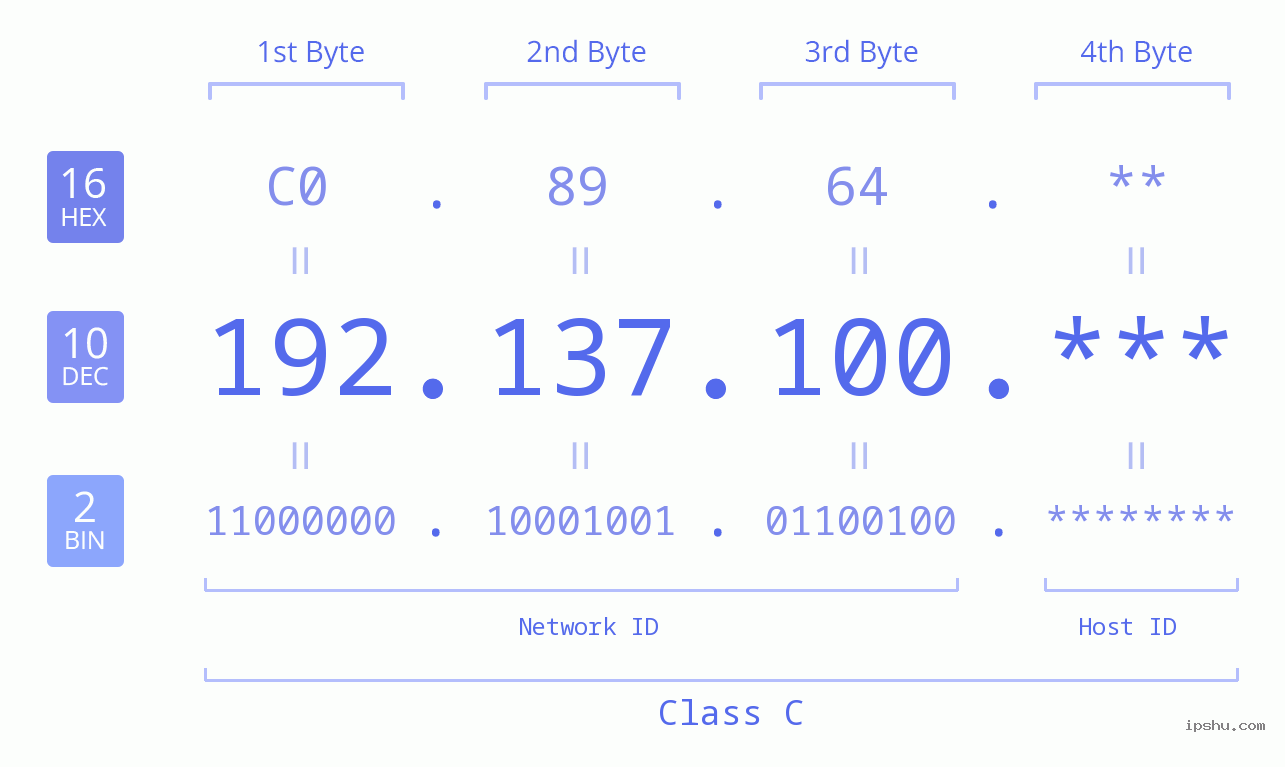 IP Address: 192.137.100 Data Structure Chart BIN DEC HEX IPv4: 192.137.100 Network Class, Net ID, Host ID
