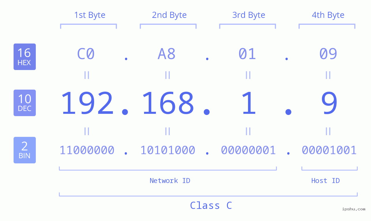 IP Address: 192.168.1.9 Data Structure Chart BIN DEC HEX IPv4: 192.168.1.9 Network Class, Net ID, Host ID