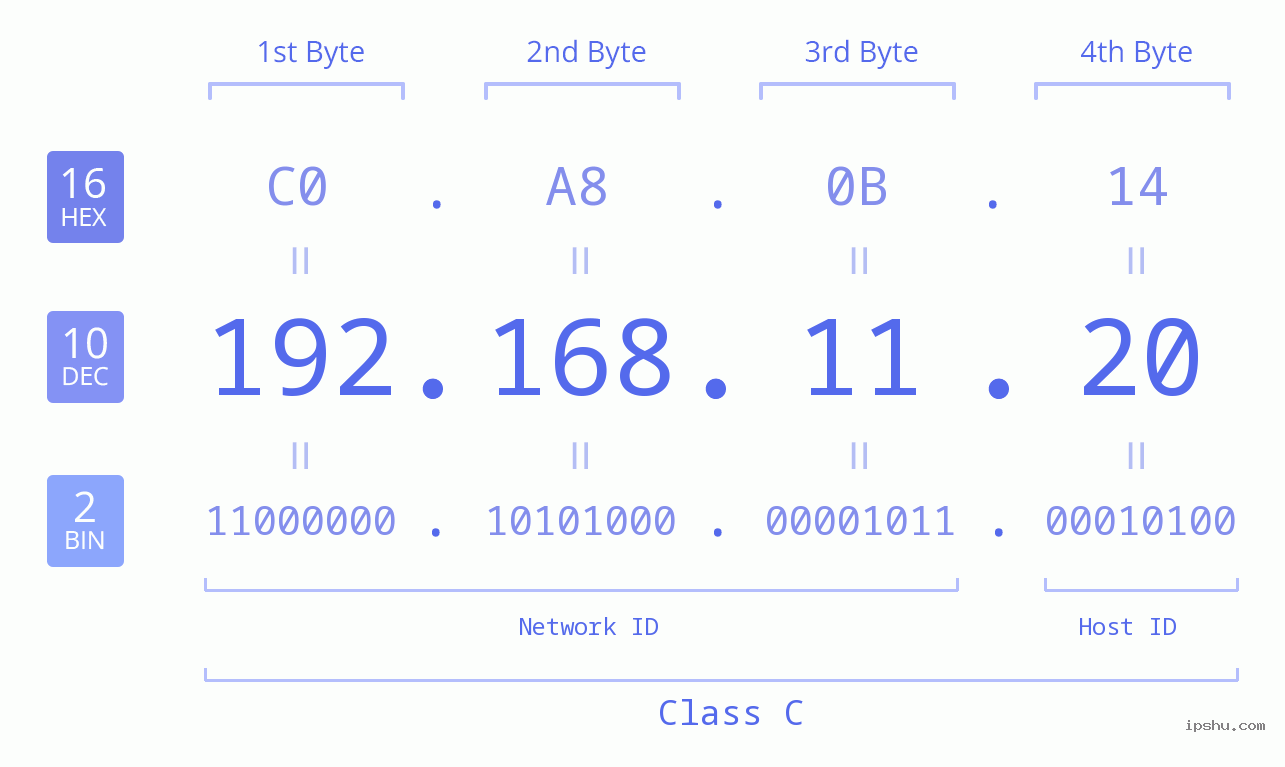 IP Address: 192.168.11.20 Data Structure Chart BIN DEC HEX IPv4: 192.168.11.20 Network Class, Net ID, Host ID