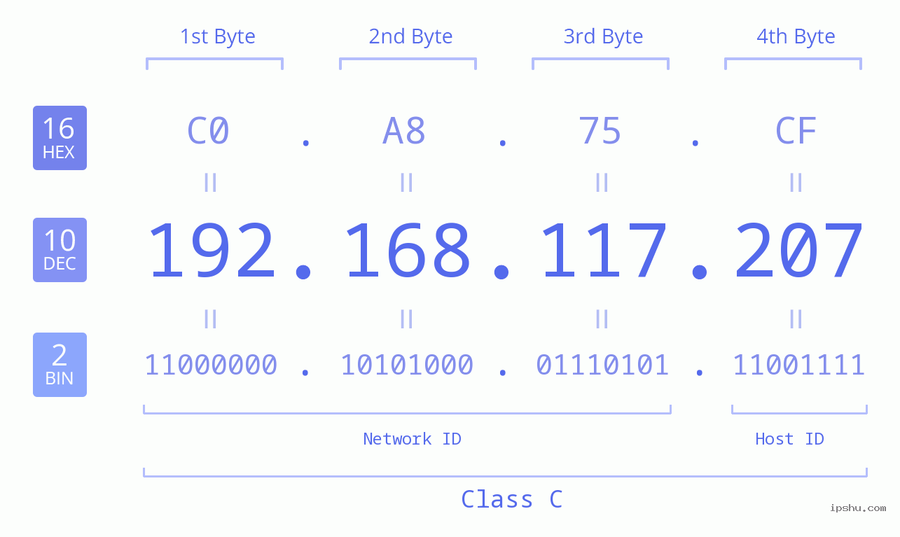 IP Address: 192.168.117.207 Data Structure Chart BIN DEC HEX IPv4: 192.168.117.207 Network Class, Net ID, Host ID