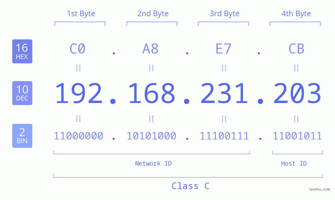 IP Address: 192.168.231.203 Data Structure Chart BIN DEC HEX IPv4: 192.168.231.203 Network Class, Net ID, Host ID
