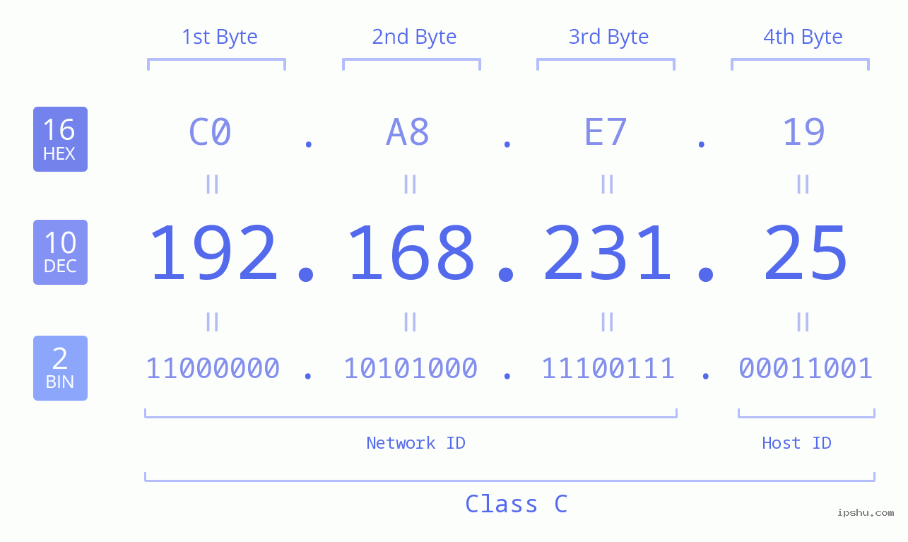 IP Address: 192.168.231.25 Data Structure Chart BIN DEC HEX IPv4: 192.168.231.25 Network Class, Net ID, Host ID