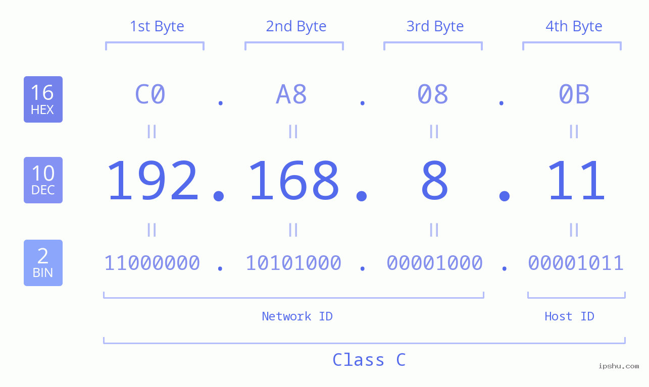 IP Address: 192.168.8.11 Data Structure Chart BIN DEC HEX IPv4: 192.168.8.11 Network Class, Net ID, Host ID