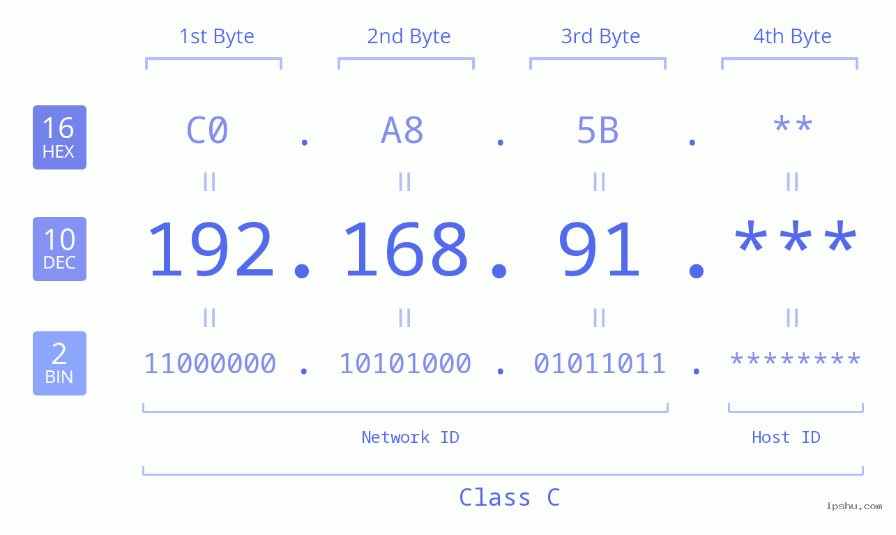 IP Address: 192.168.91 Data Structure Chart BIN DEC HEX IPv4: 192.168.91 Network Class, Net ID, Host ID