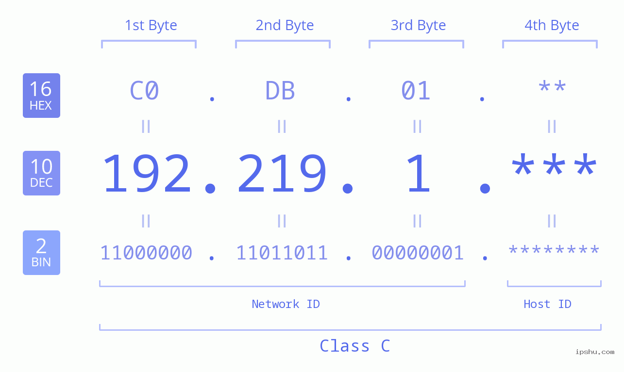 IP Address: 192.219.1 Data Structure Chart BIN DEC HEX IPv4: 192.219.1 Network Class, Net ID, Host ID