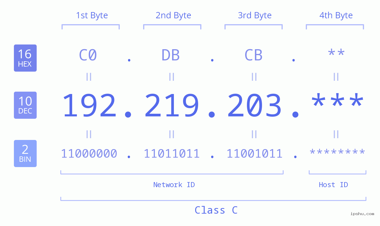 IP Address: 192.219.203 Data Structure Chart BIN DEC HEX IPv4: 192.219.203 Network Class, Net ID, Host ID