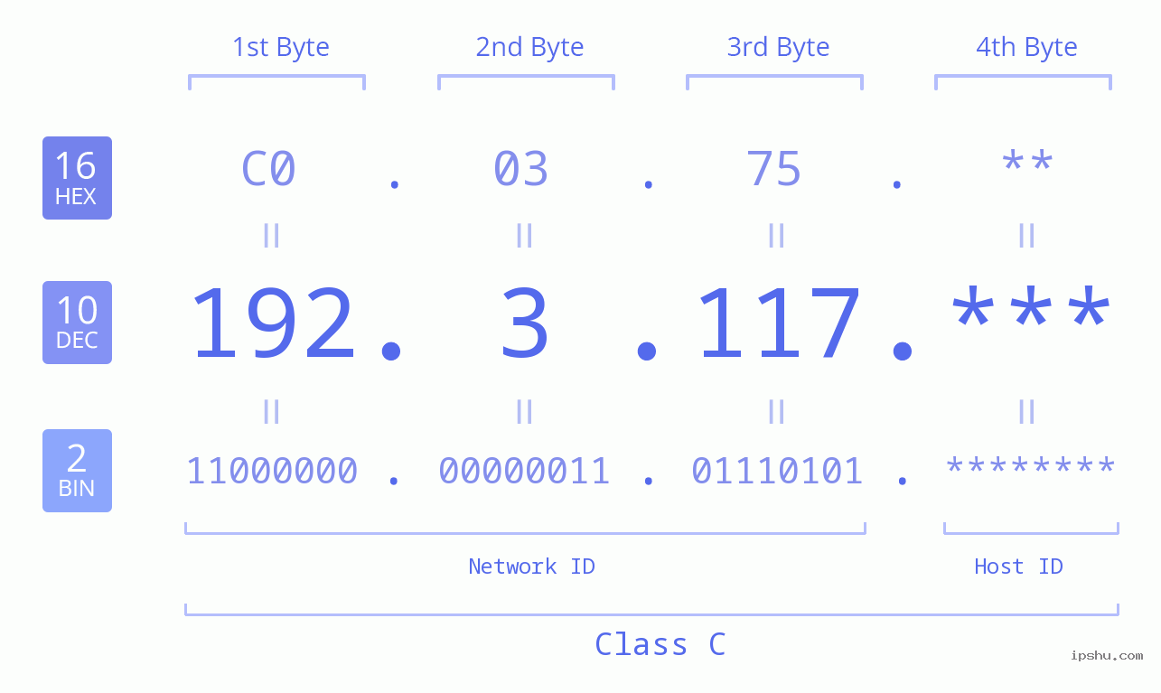 IP Address: 192.3.117 Data Structure Chart BIN DEC HEX IPv4: 192.3.117 Network Class, Net ID, Host ID