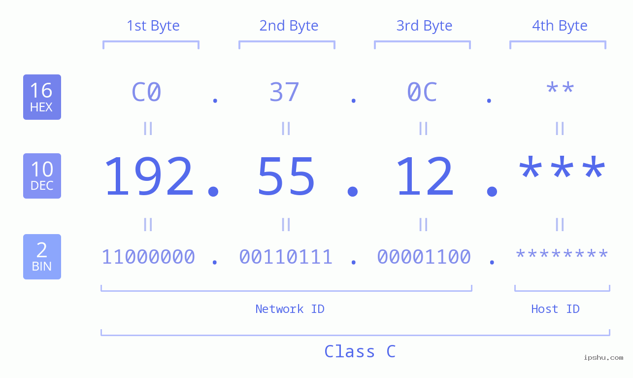 IP Address: 192.55.12 Data Structure Chart BIN DEC HEX IPv4: 192.55.12 Network Class, Net ID, Host ID