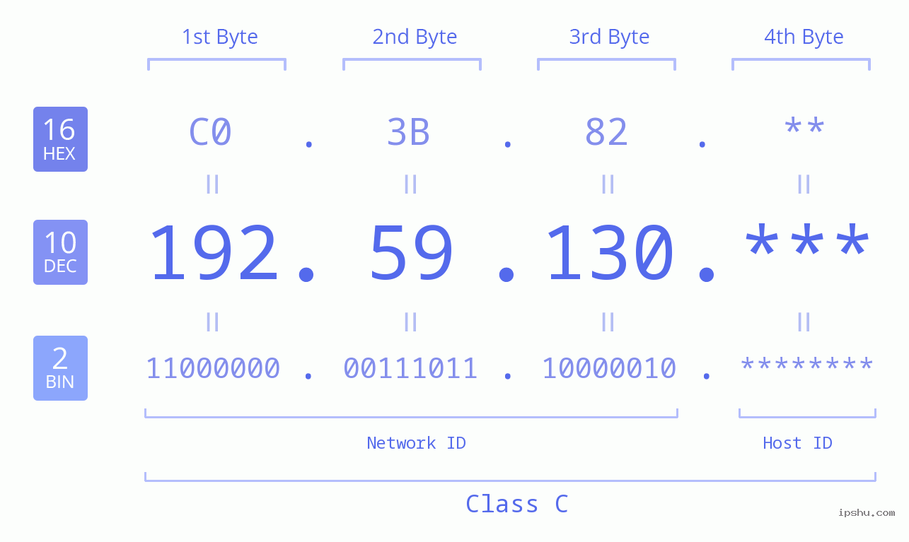 IP Address: 192.59.130 Data Structure Chart BIN DEC HEX IPv4: 192.59.130 Network Class, Net ID, Host ID